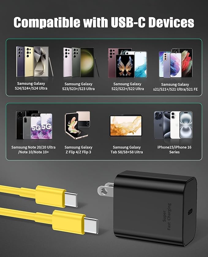 45W Super Fast Charger Type C for Samsung S24, USB C Android Phone Charger Fast Charging Block with 6FT/10FT Type C Charger Cord for Samsung Galaxy S24+ Ultra/S23+ Ultra/S22+ Ultra/iPhone 17/16-Yellow