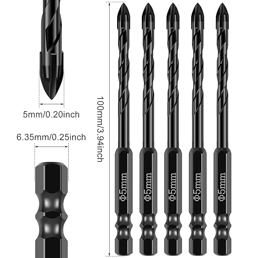 20Pcs Concrete Drill Bit Set 5mm Alloy Masonry Drill Bit Set Stable Carbide Tipped Tile Drill Bit Cross Head 1/4 Hex Shank Drilling Hole Bit for Concrete Cement Brick Wood (5mm 20pcs)