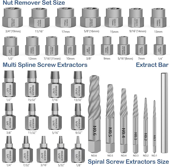MABLEVI 36 Pcs Upgrade Screw Extractor Set, 3/8” Drive Multi-Spline Easy Out Bolt Extractor Set, Stripped Screw Removal Tool Kit for Removing Nuts Bolts with Solid Storage Case