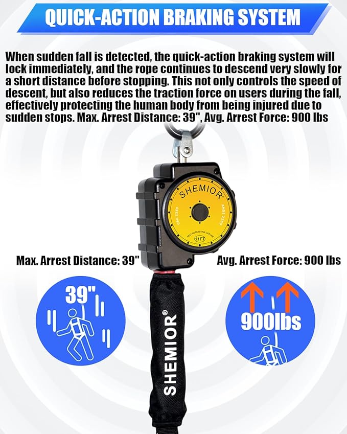 11FT Self Retracting Lifeline, Swivel Top Self Retractable Safety Lanyard, ANSI Lightweight Web SRL, Rebar Hook Fall Arrest Protection Gear