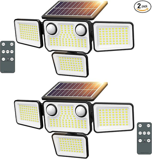 4500LM Solar Lights Outdoor Waterproof, 254 LED Solar Flood Lights Outdoor with 2 Motion Sensor, 4 Heads Security Light with Remote Control for Yard Outside House Garage 2 Pack
