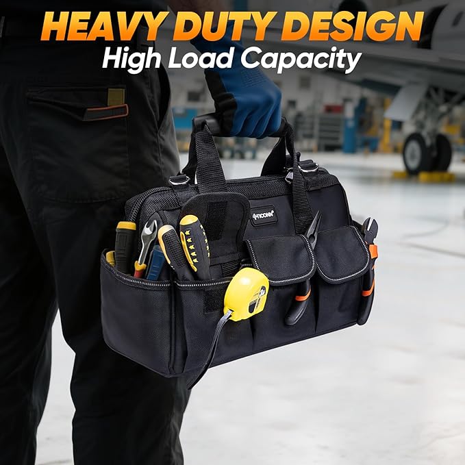 TICONN Heavy Duty Tool Bag with Multi-Pockets, Portable Tool Box Organizer Storage Bag, with Adjustable Shoulder Strap and Ergonomic Handle (Black, 14" Standard Base)