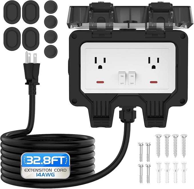Outdoor Outlet Box with 32.8Ft Extension Cord, NEMA 5-15R, STW 14 AWG,IP66 Waterproof Power Outlet Extender with On/Off Switch & LED Indicator for Garden Yards& Outdoor Activity