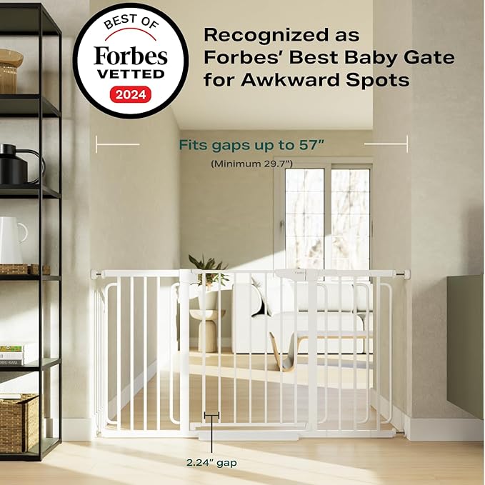 Cumbor 29.7-57" Extra Wide Baby Gate for Stairs, Mom's Choice Awards Winner-Dog Gate for Doorways, Pressure Mounted Walk Through Safety Child Gate for Kids Toddler, Tall Pet Puppy Fence Gate, White