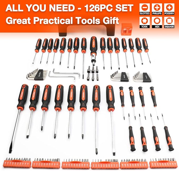 ValueMax 126-PC Magnetic Screwdriver Set with Plastic Racking Organizer, Magnetizer Demagnetizer, DIY Tools & Equipment for Men Women Mechanic, Herramientas Tool Bit Kit Home Improvement Gift
