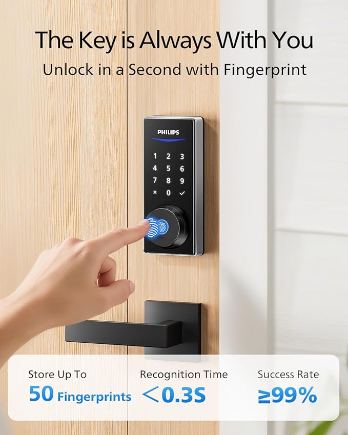 Philips WiFi Smart Lock with Handle, Fingerprint Keyless Entry Door Lock with WiFi Bridge, Smart Locks for Front Door with Handle Set, APP Remote Control, Work with Alexa&Google Assistant, Auto-Lock