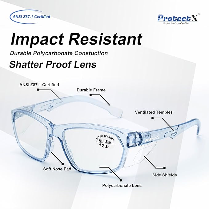 ProtectX Stylish Anti-Fog & Scratch-Resistant Safety Glasses With Readers, UV Protection Goggles, Anti-Impact Lightweight Glasses for Men＆Women 2.0-2 Pack,Blue