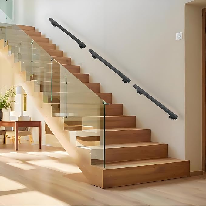 2 FT Heavy Duty Black Metal Staircase Handrail Indoor Stair Railing - 24 Inch Wall Mount Iron Pipe Hand Rails for Indoor & Outdoor, Banister Steps Rail Safety Wall Grab Bar for Seniors