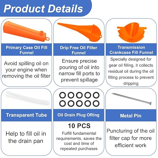 Oil Change Tool Kit for Harley Davidson Accessories,Oil Filter Wrench,Crankcase Fill Tool,Primary Case Funnel,Drip-Free Oil Filter Funnel,10PCS O-Rings