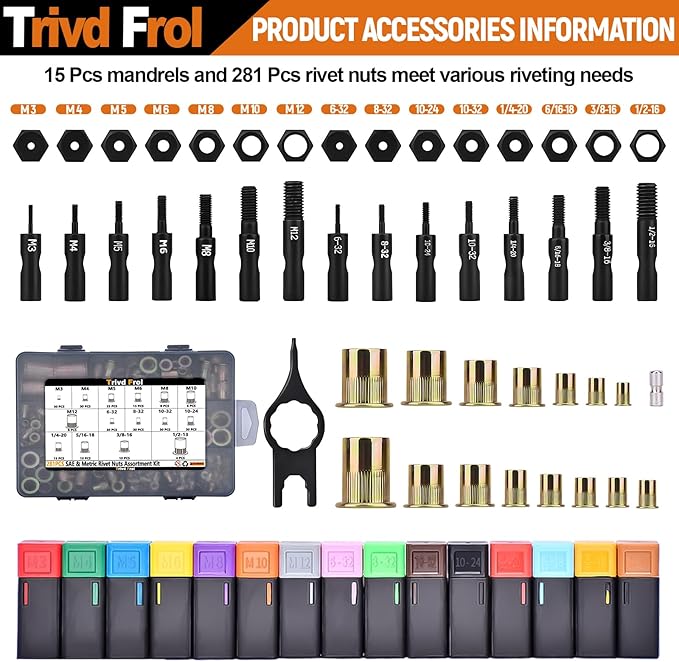 16" Rivet Nut Tool, Nutsert Rivet Nut Tool Kit with 15 Metric and SAE Mandrels, 281Pcs Rivet Nut Assortment Kit and Rugged Carrying Case