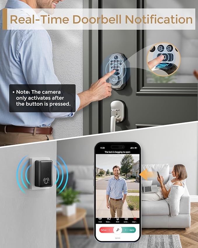 WiFi Smart Lock with Camera - Keyless Entry Deadbolt with Handle Set, 5-in-1 Camera+Doorbell+Fingerprint+Keypad, App Control, Auto Lock, Easy Install, Waterproof for Front Door, Satin Nickel