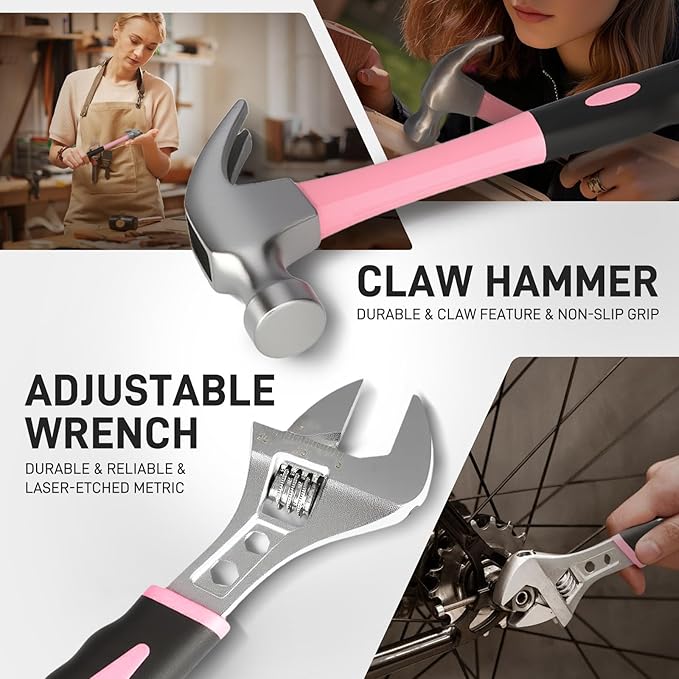 COMOWARE 218 Pcs Pink Home Tool Kit, Basic Household Hand Tool Set with Bag, Ladies Hand Tool Kit Women Home Repairing Tool Kit for Home Maintenance Daily Use Homework DIY