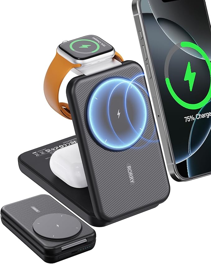 RORRY Portable Charger, 3-in-1 Charging Station 10000mAh Portable Charger Power Bank for MagSafe Foldable Battery Pack Travel for iPhone 16/15/14/13/12, for Apple Watch 10/9/8/7/6/5/Ultra/2, Black