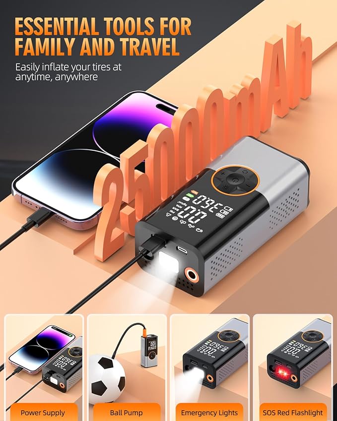 Tire Inflator Portable Air Compressor, 150PSI & 2X Faster Portable Air Compressor with Digital Pressure Gauge, 25000mAh Cordless Air Pump for Car, Motorcycle, Bike, Ball And More