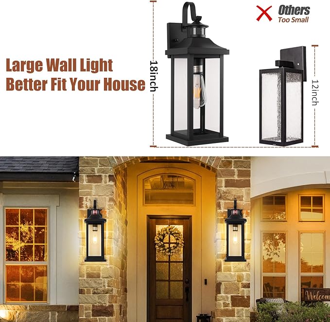 18 Inch Motion Sensor Outdoor Lights 2-Pack, Large Black Dusk to Dawn Outdoor Porch Lights for House IP65 Waterproof Exterior Lighting Fixtures for Front Door Garage Lantern Sconces