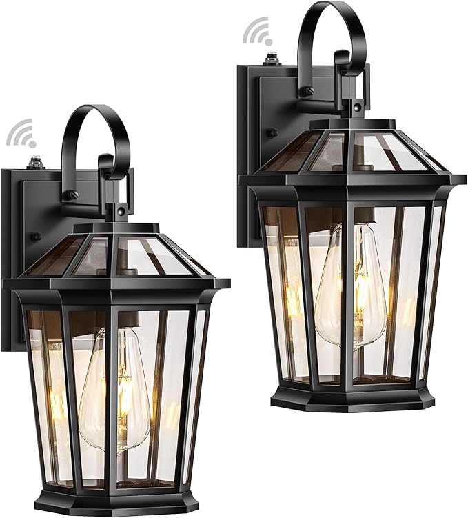 VIANIS Dusk to Dawn Outdoor Wall Lighting, Exterior Light Fixture Wall Mount for House Front Porch Light, Black Anti-Rust Aluminium Modern Outside Coach Lantern with Tempered Glass Shade for Garage