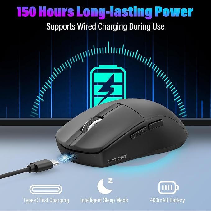 XuanGui Wireless Gaming Mouse,2.4G/BT/USB-C Wired,5-Level DPI 4000 Max,50g Lightweight,1000Hz Polling Rate,Macro Program,Side Buttons,44-Hour Battery Life,For Laptop/PC/Computer/Mac/Tablet (Black-2)