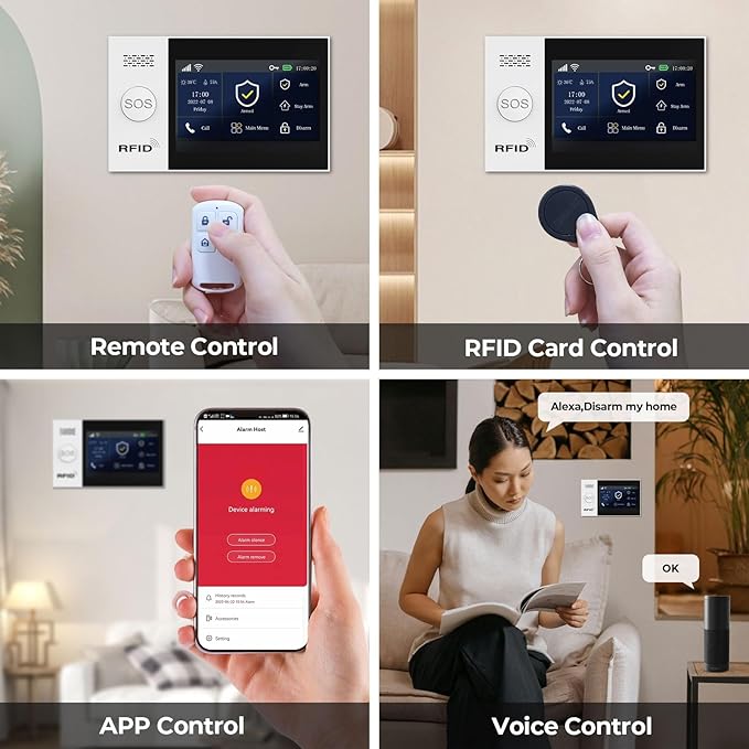 Home Security Systems,Wireless Alarm System with 4G SMS/Tuya App Instant Alerts,Motion Detector,Door Alarm Sensors,Remote,Work with Alexa and Google,8 Piece Kits for Home,Villa,No Monthly Fee