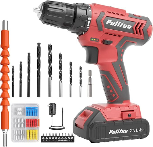 PULITUO Cordless Drill Set, 20V Electric Power Drill with Battery And Charger, 30N.m and 21+1 Torque, 2 Variable Speeds, with 59pcs Drill Driver Bits Kit, Screws Set，(Red)