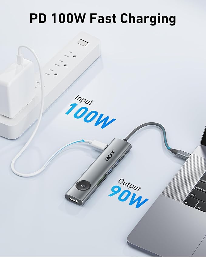 Acer USB C to HDMI Multiport Adapter, 7 in 1 USB-C Hub with HDMI 4K@60Hz, 100W PD, 2 USB-A 3.1 and 1 USB C 3.1 with 5Gbps, SD Card Reader, Type C Dongle for MacBook Pro/air, iPad, iPhone 16/15, Grey