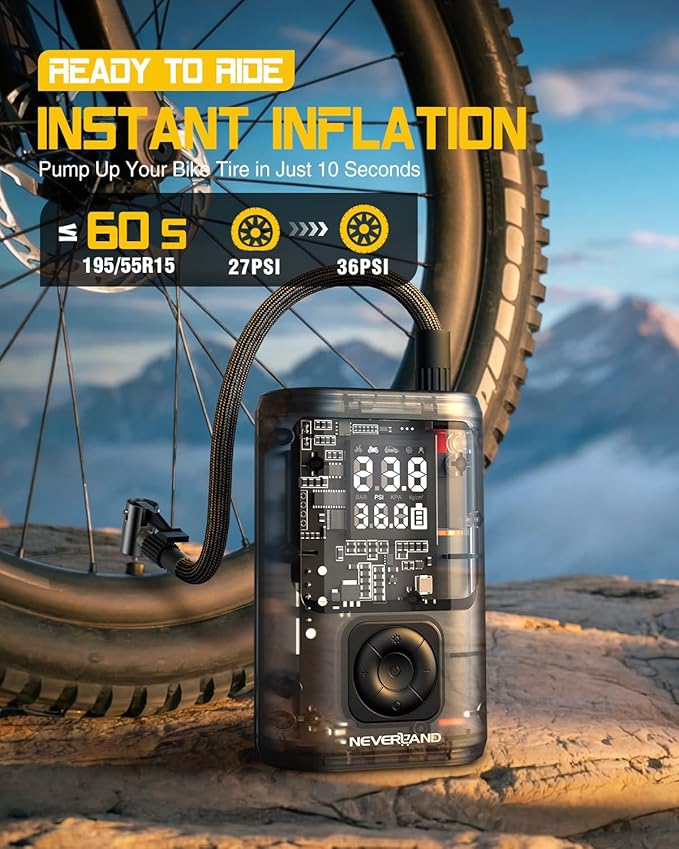 NEVERLAND Tire Inflator Portable Air Compressor - 12000mAh 150PSI Auto Air Pump for Bike Car Tires, Electric Bike Tire Pump with Gauge, Air Compressor Portable for Bike Bicycle Car Motorcycle Ball