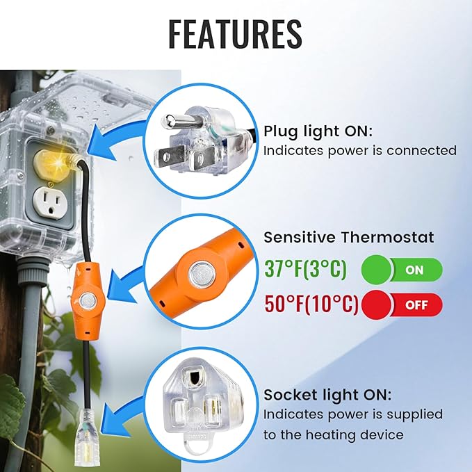 MAXKOSKO 1PC 120V 15A Temperature Controlled Extension Cord, Heat Cable Controller, Thermostatically Controlled Outlet Auto On/Off Below 37°F/Over 50°F, 20" Cord for Covered Outdoor Outlets
