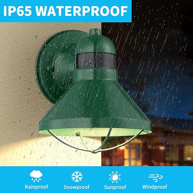 LONEDRUID Motion Sensor LED Outdoor Wall Light Fixtures Dusk to Dawn Exterior Sconce Lighting Green Farmhouse Porch Lamp Waterproof Outside Barn Lights Wall Mount for House Patio Garage Entryway