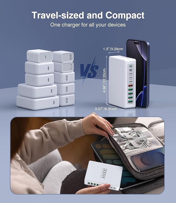 300W USB C Charging Block, 10-Port USB C Charging Station PD 100W Laptop Fast Charger Adapter for MacBook Air/Pro, iPhone 17/16/15/14/13 Pro Max, iPad Pro, DELL, Samsung Galaxy