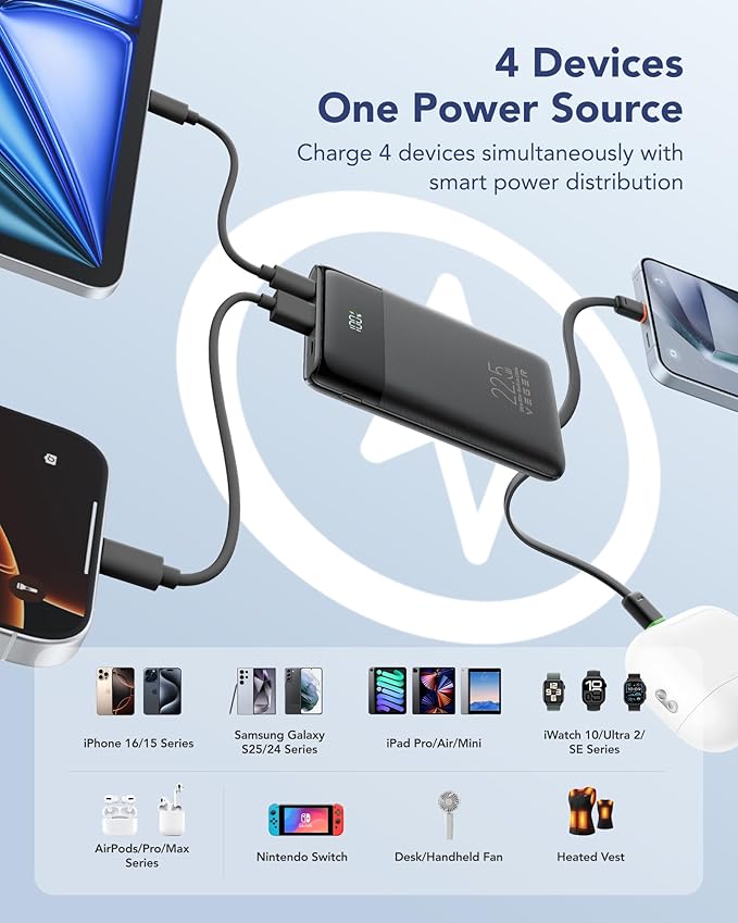 VEGER 10000mAh Portable Charger with 2 Built-in Cables, PD 22.5W Fast Charging USB C Power Bank, 4 Outputs 3 Inputs Slim Battery Pack Compatible with iPhone, Samsung, iPad, Android - Travel Essential