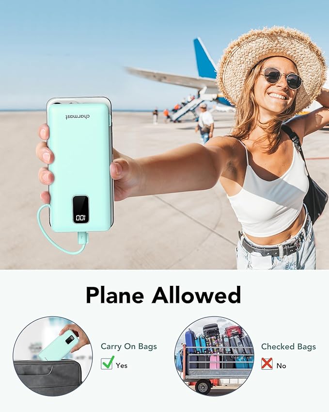 Charmast Portable Charger with Built-in Cables and Plug, 10000mAh USB C Power Bank Fast Charging 15W, External Battery Pack Slim, Travel Essentials Compatible with 16 15 14 13, Samsung Galaxy, iPad
