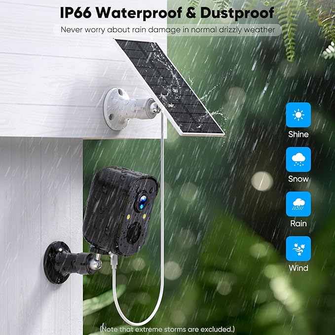 Solar Security Cameras Wireless Outdoor, 2K Solar Camera Wireless for Home, Color Night Vision, PIR Motion Detection, IP66 Waterproof, Cloud Storage/SD Card, Instant Alerts,2.4GHz WiFi (Black)