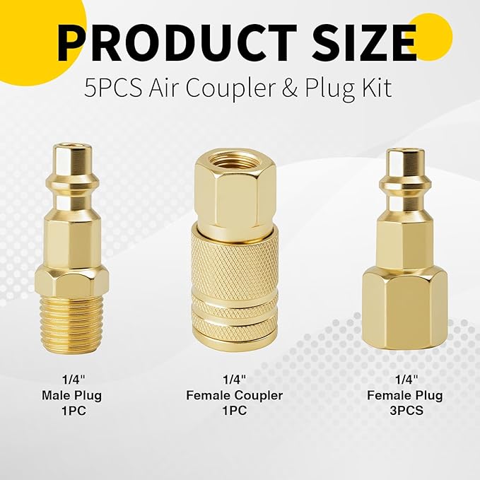 Air Coupler & Plug Kit,5Pcs 1/4" NPT Air Tool Fittings Set,Quick Connect Air Hose Fittings Air Compressor Accessories