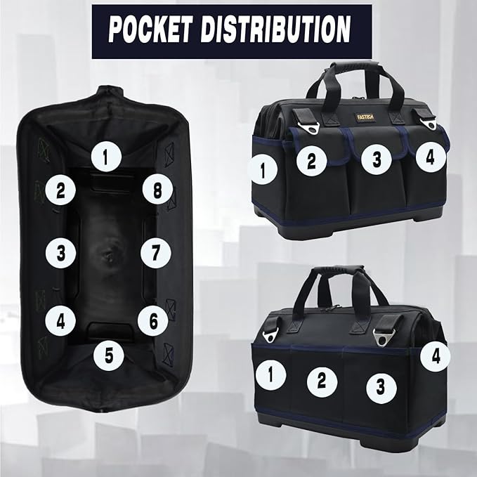 22 Inch Tool Bag, Waterproof Wide Mouth Tool Kit, Heavy Duty Tool Bag Organizer With Shoulder Straps and Molded Base, Tool Storage Package For Screwdrivers, Pliers, Nut Drivers (DarkBlue22IN)