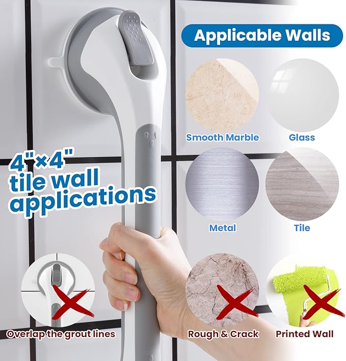 LEVERLOC Grab Bars for Bathtubs and Showers, Shower Handle 17 Inch Strong Suction Bath Handrails, Safety Grip for Bathroom Chair, Bathroom Grab Bar for Senior No Drilling Waterproof,Grey