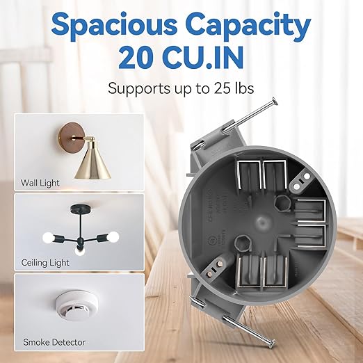 New Work Round Electrical Box for Ceiling Light, 20 Cu.in, UL Listed, 6-Pack