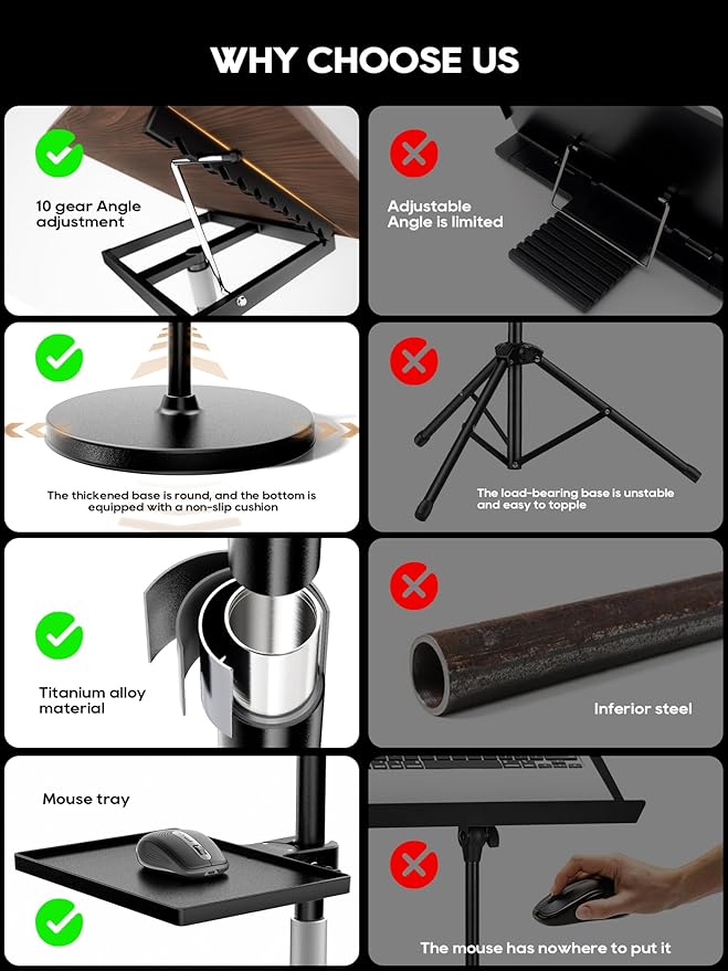 2 in 1 Adjustable Book Stand - Dual-Use Floor and Desktop Book Holder Stand, Height Adjustable 23.5-52 in, Elastic Page Clips for Music Sheet, Recipe, Tablet, Laptop-Black