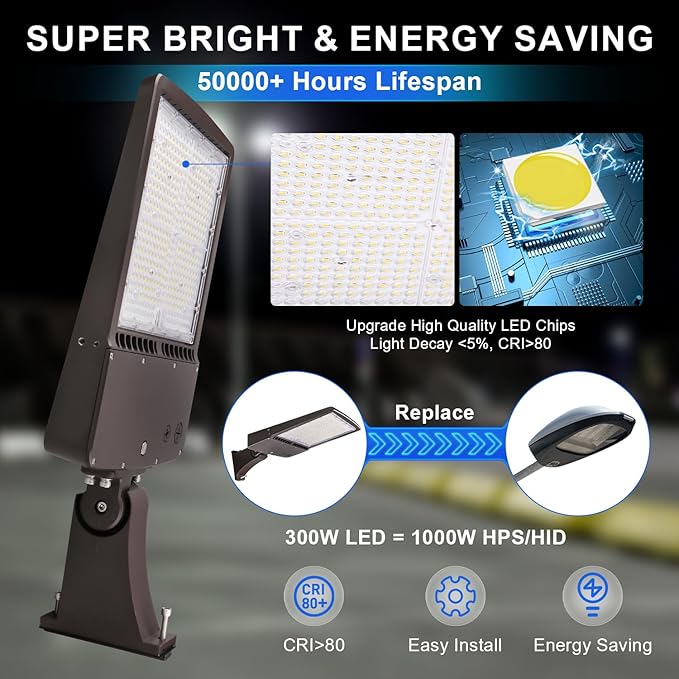 480V 300W LED Parking Lot Light, 42000LM(140lm/w) LED Shoebox Area Light(1000W HID/HPS Equiv.), 5000K Dimmable Outdoor Commercial Street Lighting -10KV Surge Protection IP65 277-480V UL DLC Listed