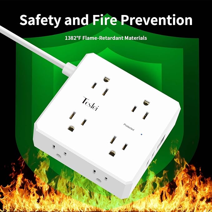 6 Ft Flat Extension Cord, Tcstei Ultra-Thin Flat Plug Surge Protector Power Strip, 3-Sided Outlet Extender, 8 AC Outlets and 4 USB Ports(1 USB C) for Home, Office, Dorm Room Essentials, ETL, White