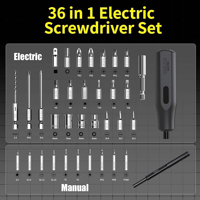 36 in 1 Electric Screwdriver Kit with Manual Screwdriver, 4V Rechargeable Screwdriver Set with Socket, Extension Rod, 2N.m Torque and LED Light, Suitable for Furniture and DIY