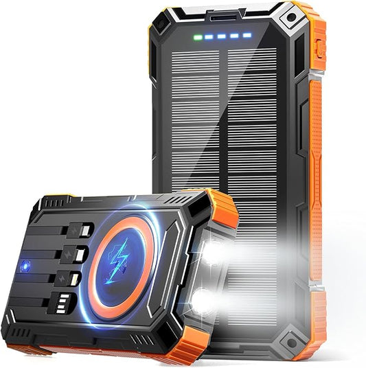 Power Bank 49800mAh Solar Charger Wireless Charging USB-C 5V/3.1A Fast Charging with 4 Built-in Cables LED Flashlight Battery Pack Compatible with iPhone, iPad, Galaxy, Perfect for Camping, Hiking