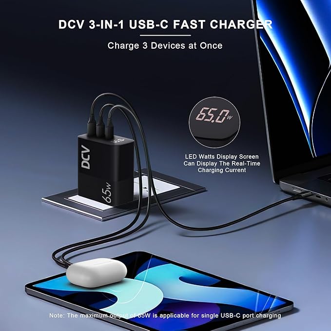 DCV 65W USB C Charger, GaN 3-Port Fast Charging Block with LED Digital Display, PD/PPS/QC 3.0 Foldable Wall Charger for Laptops, MacBook, iPhone 15/14/13, iPad Pro, Galaxy S23/S22, Note 20/10 (Black)