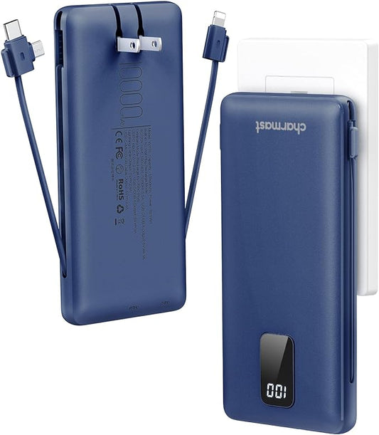 Charmast Portable Charger with Built-in Cables and Plug, 10000mAh USB C Power Bank Fast Charging 15W, External Battery Pack Slim, Travel Essentials Compatible with 16 15 14 13, Samsung Galaxy, iPad