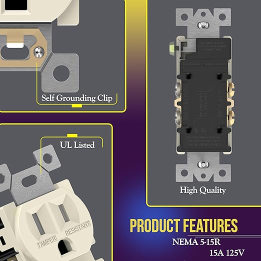 ENERLITES Duplex Receptacle Outlet, Tamper-Resistant, Residential Grade, 3-Wire, Self-Grounding, 2-Pole,15A 125V, UL Listed, 61580-TR-LA-10PCS, Light Almond (10 Pack)