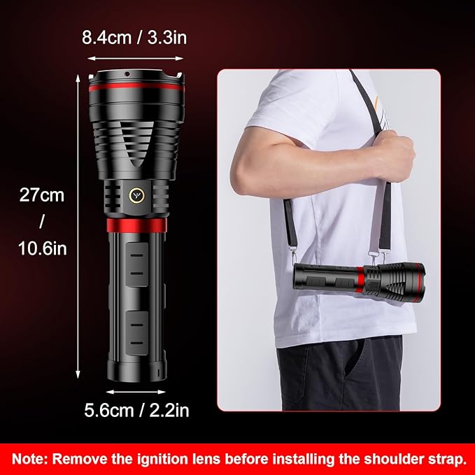 SKYFIRE Brightest Flashlights High Lumens with Ignition Lens,20000mAh Super Bright Rechargeable Flashlight with Shoulder Straps,Led Tactical Flash Light for Camping,Outdoor Essentials&Home Emergencies