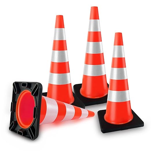 Traffic Cones 36 inch PVC Orange 4 Pack Heavy Duty Black Base Construction with Reflective Collars Fit Parking Lot,Driveway Road Traffic Control Safety Cones