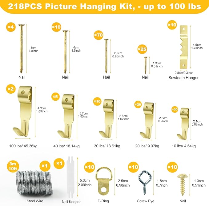 Picture Hanging Kit, Goodsnova Picture Hanging Tool with Level for Easy Marking Position, Including 218PCS Instaframe Hanging Kit with Hooks, Nails, Wires, Hammer for Art/ Photos (Yellow)
