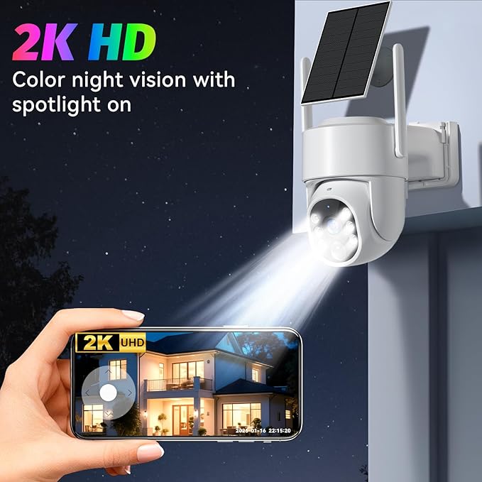 Solar Camera Outdoor Wireless, 5G Solar Security Cameras for Home Security, WiFi Security Cameras Wireless Outdoor, 360° View PTZ, AI PIR Human Detection Alerts, Color Night Vision, SD/Cloud Storage