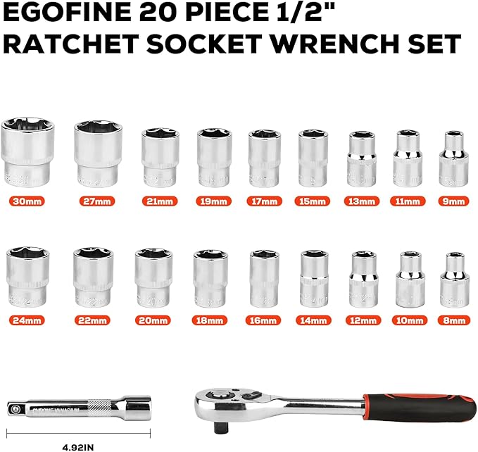 Egofine 20pcs 1/2 Inch Ratchet Socket Wrench Set, Drive Socket Set with 18 Sockets, 8-22mm,24mm,27mm,30mm sockets and 2 Way Quick Released Ratchet Handle and Extension Bar