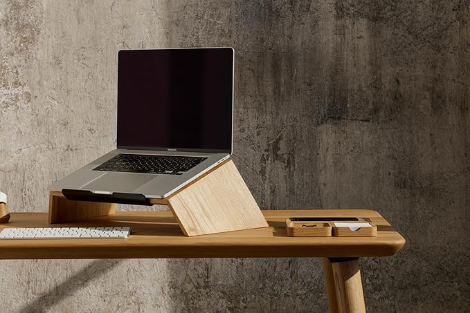 Oakywood Wooden Slanted Laptop Stand for Desk - Convenient Riser & Holder - Ergonomic Wood Stand 45x22x14cm - for 13-14" Laptops Oak