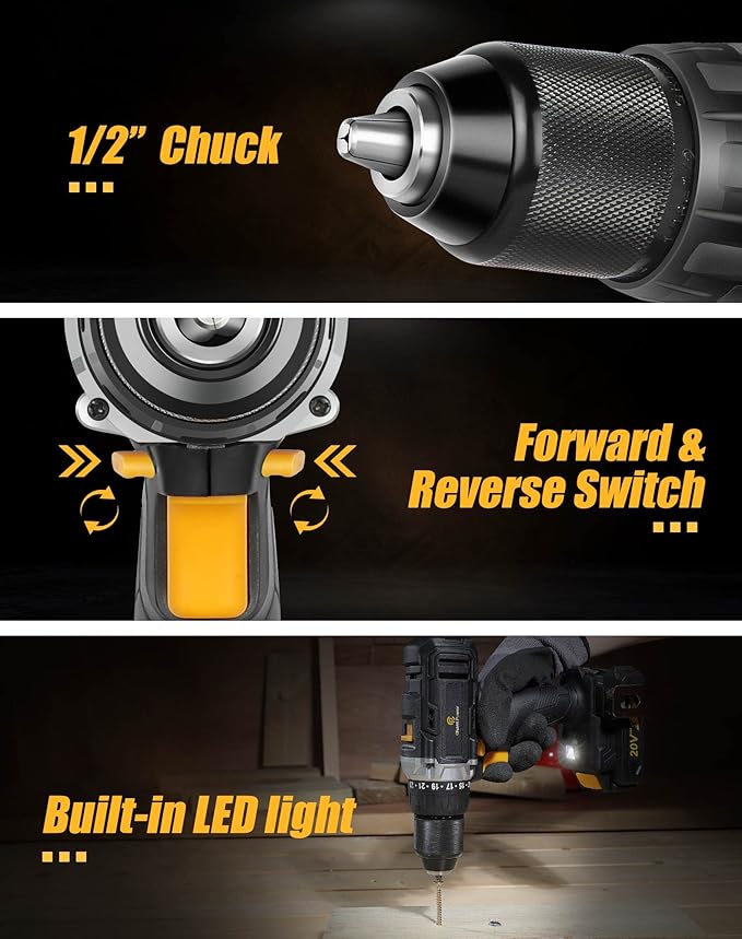 C P CHANTPOWER Cordless Drill 20V MAX Lithium-ion Drill Driver Set with Fast Charger, 1/2” (13 mm) Matal Chuck, 23+1 Clutch, Dual Speed for Drilling Wood, Metal, Canvas Bag, Flexible Shafts Included